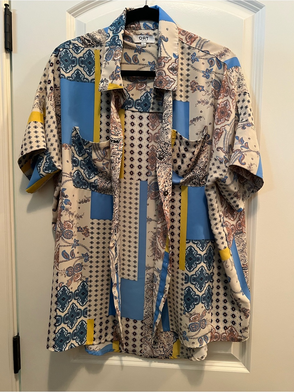 Oversized Blue & Cream Patchwork Silky  Short-Sleeve Shirt